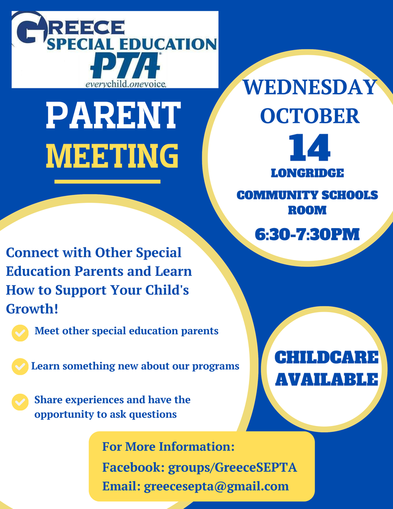 Blue and white flyer. Text: Parent Meeting. Date: Oct 14. Time: 6:30-7:30pm. Location: Longridge Community Schools Room. Childcare available.