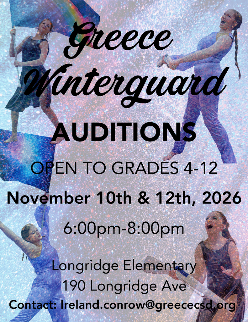 Three women in blue dresses holding flags and batons in a glittery background. Text reads "Greece Winterguard Auditions."