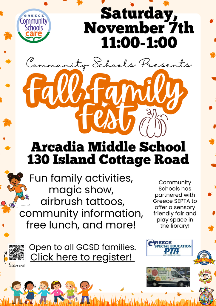Poster for Arcadia Middle School Fall Family Fest on November 7, 11:00-1:00, featuring illustrations of children, pumpkins, and QR code.