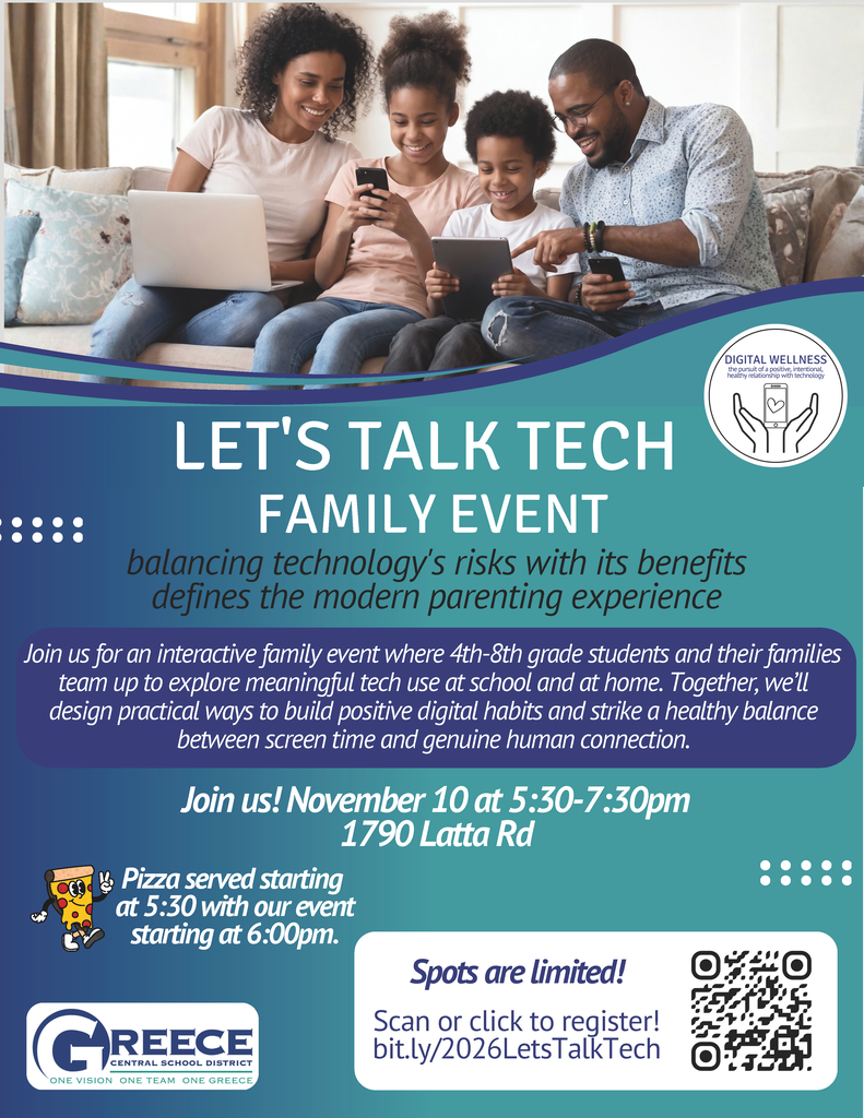 Three adults and a child sit on a couch using their phones. Text reads "Let's Talk Tech Family Event."