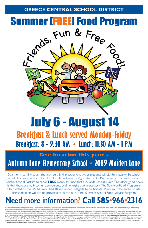 Free summer meals program poster boy and girl driving in a red car