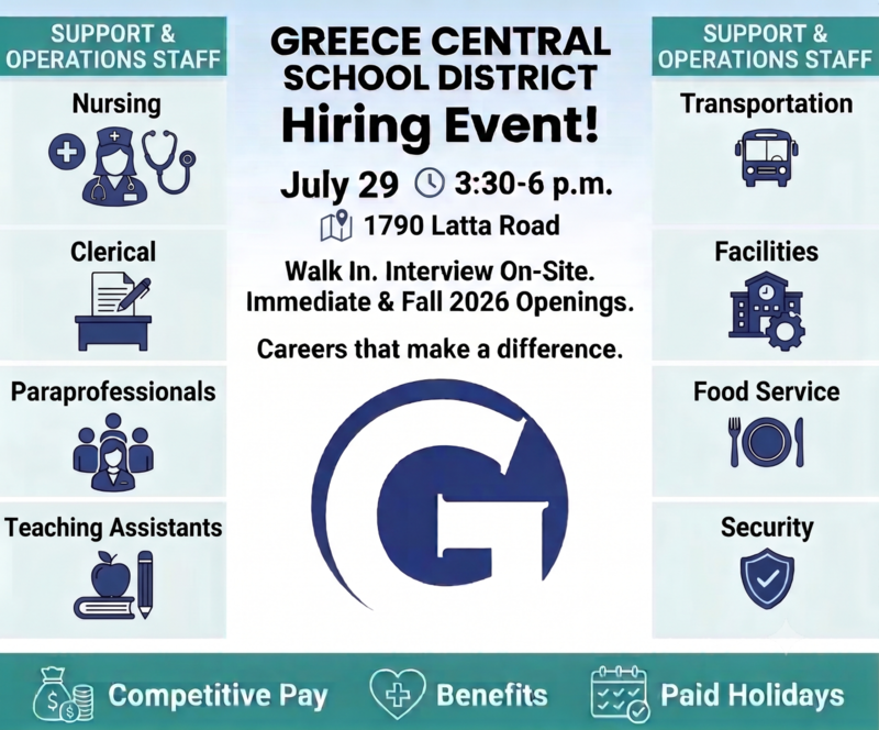 Hiring event poster with positions and clipart