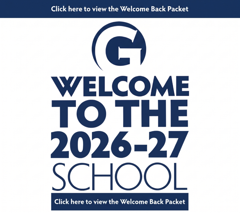 Blue and white sign welcome to the 2026-27 school year with a click here to view the welcome back packet bar on the top and bottom