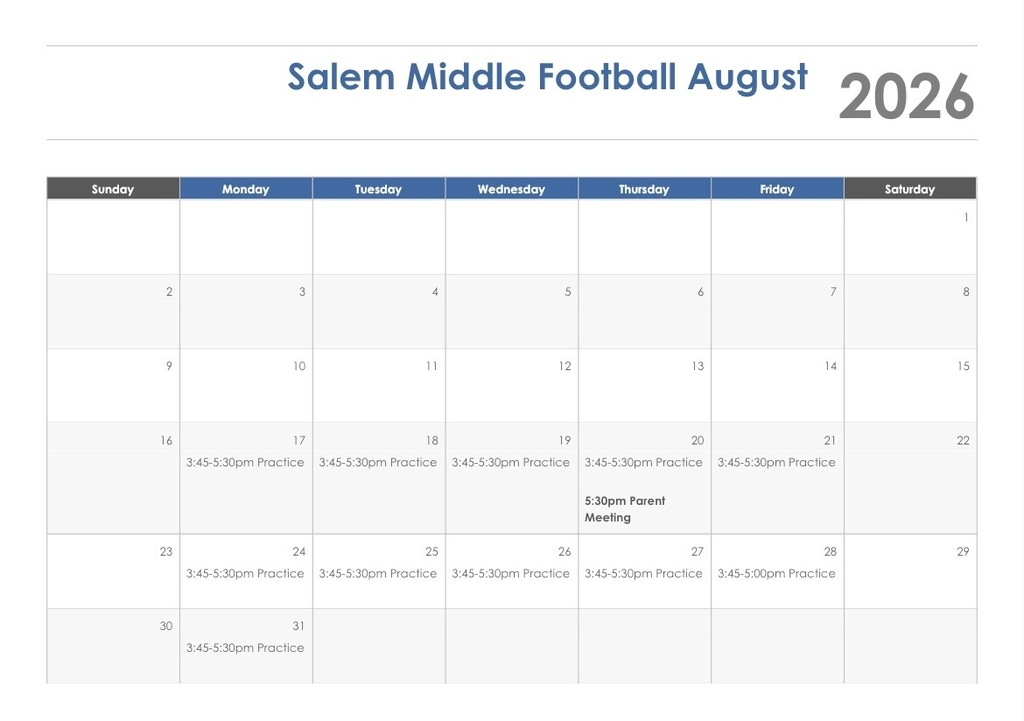 7th&8th Grade Football August Schedule 