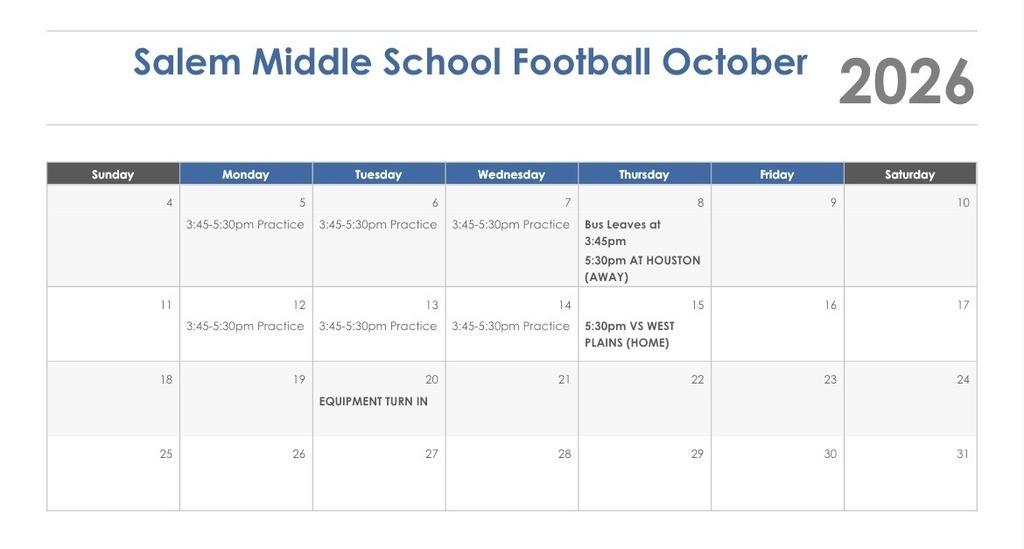 7th&8th Grade Football October Schedule 