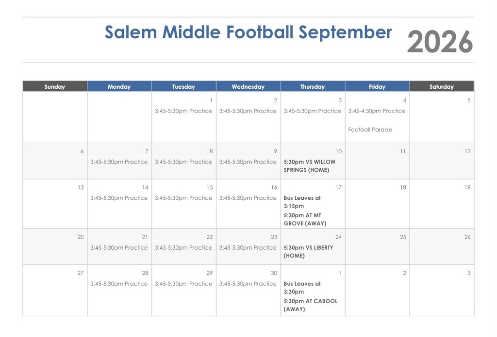 7th&8th Grade Football September Schedule 