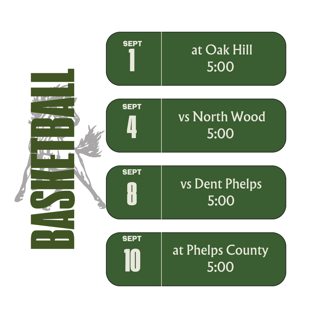 4th/5th Grade Basketball Games 9/1 at Oak Hill 5:00, 9/4 vs North Wood 5:00, 9/8 vs Dent Phelps 5:00, 9/10 at Phelps County 