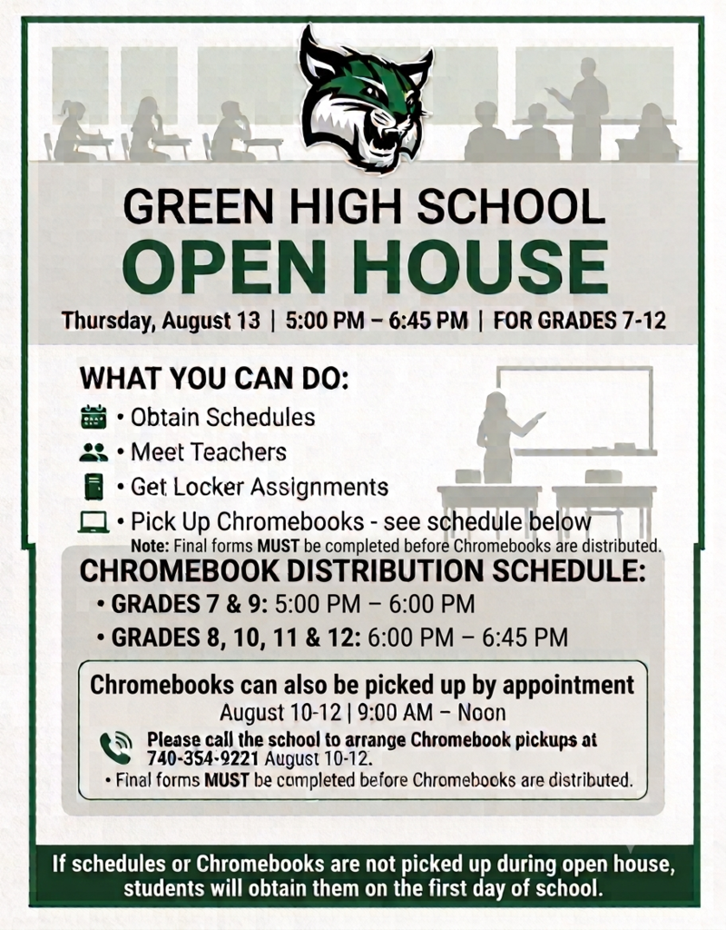 GHS Open House for Grades 7-12 will be held on Thursday, August 13 from 5-6:45p.
