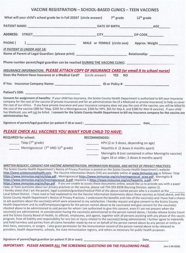 Vaccine registration form for school-based clinics - teen vaccines.