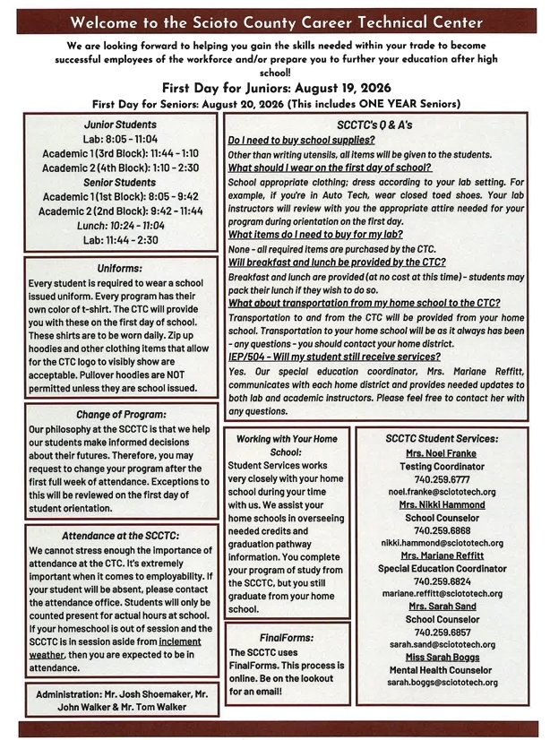 Welcome flyer to the Scioto Cpunty Career Technical Center