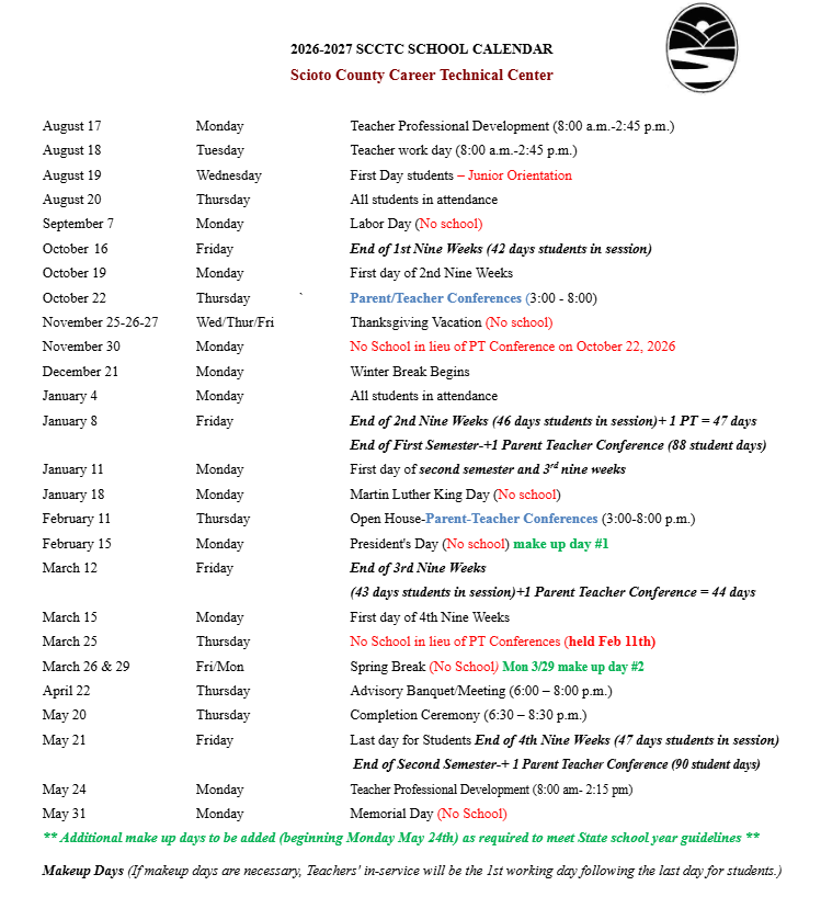 SCCTC School Calendar