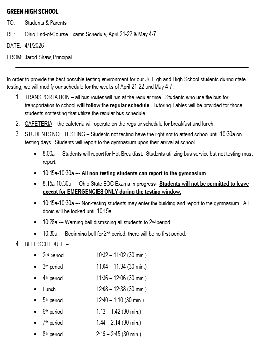 Ohio End of Course Exams Schedule