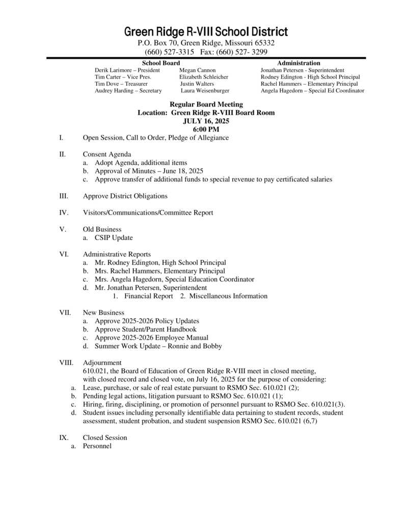 Board Agenda July 2025