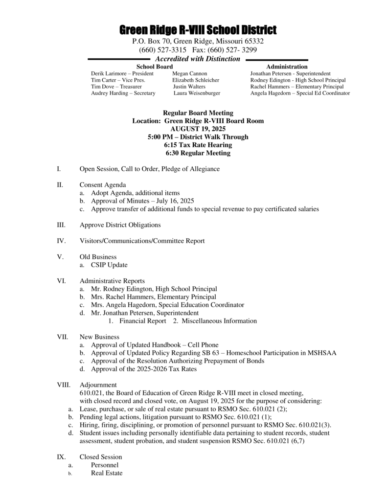 Board Meeting Agenda