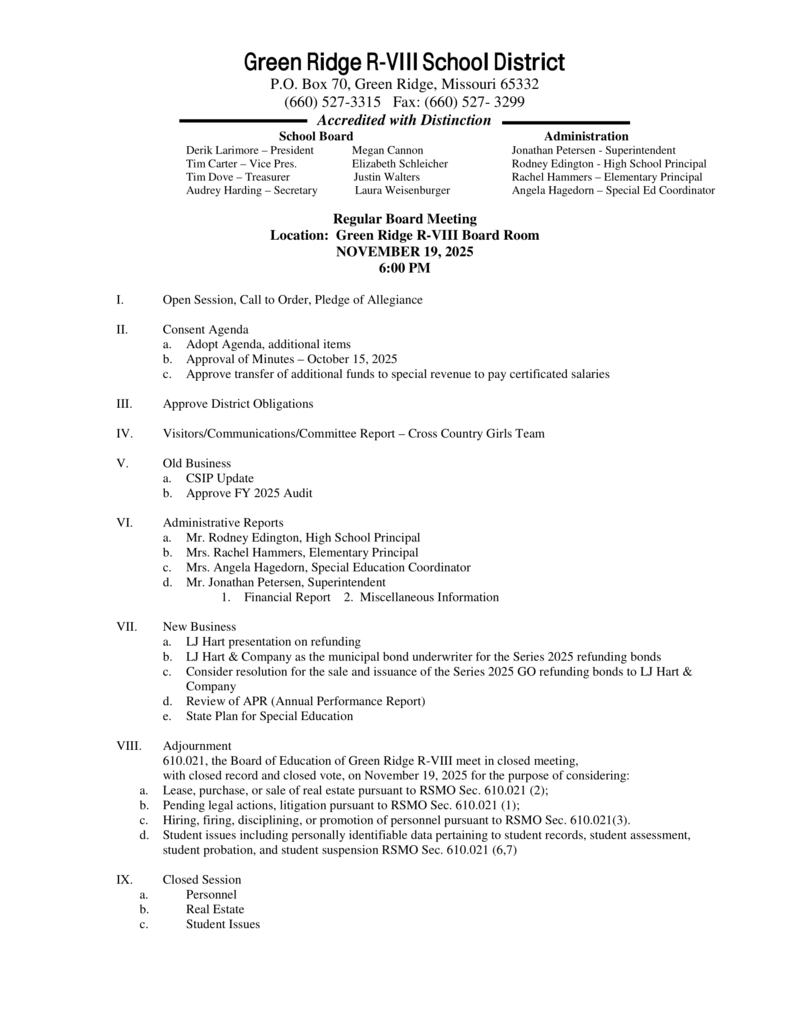 Board Meeting Agenda November