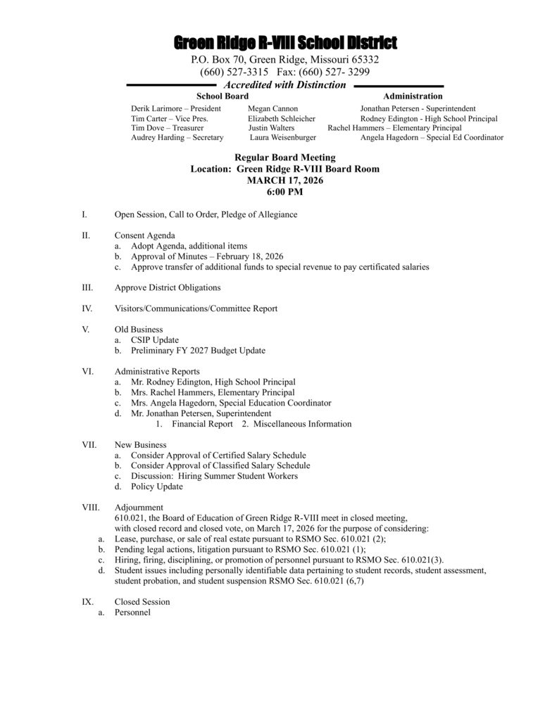 Board Meeting Agenda March 17th