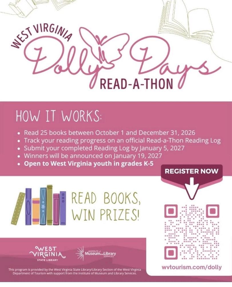 Dolly Days read A Thon. QR code. Scan to participate HOw it works, Read books, win prizes