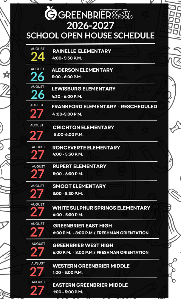 open house in the county. dates and times. 