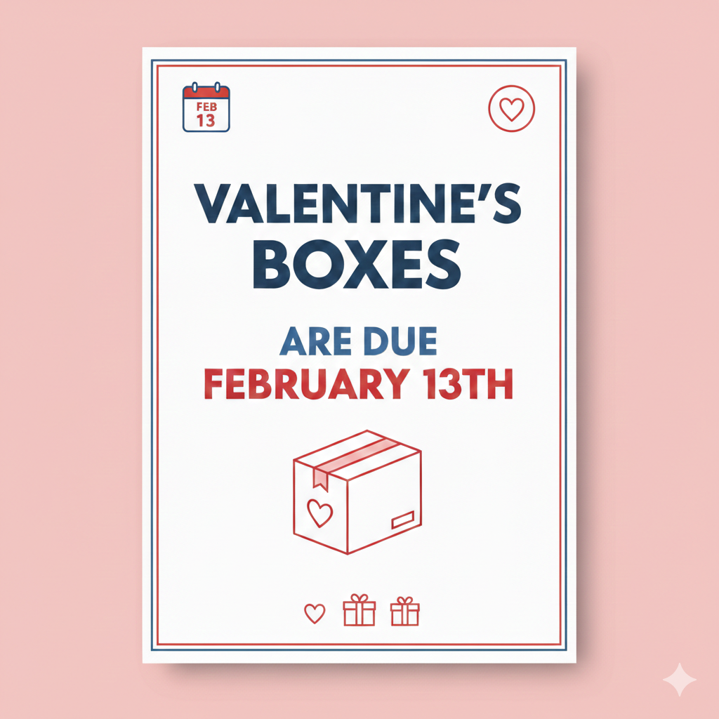 Valentine's Boxes are due on February 13th.