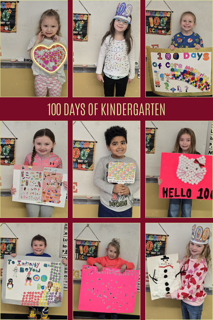 100 Days of Kindergarten showing different students holding up projects they made celebrating the milestone.