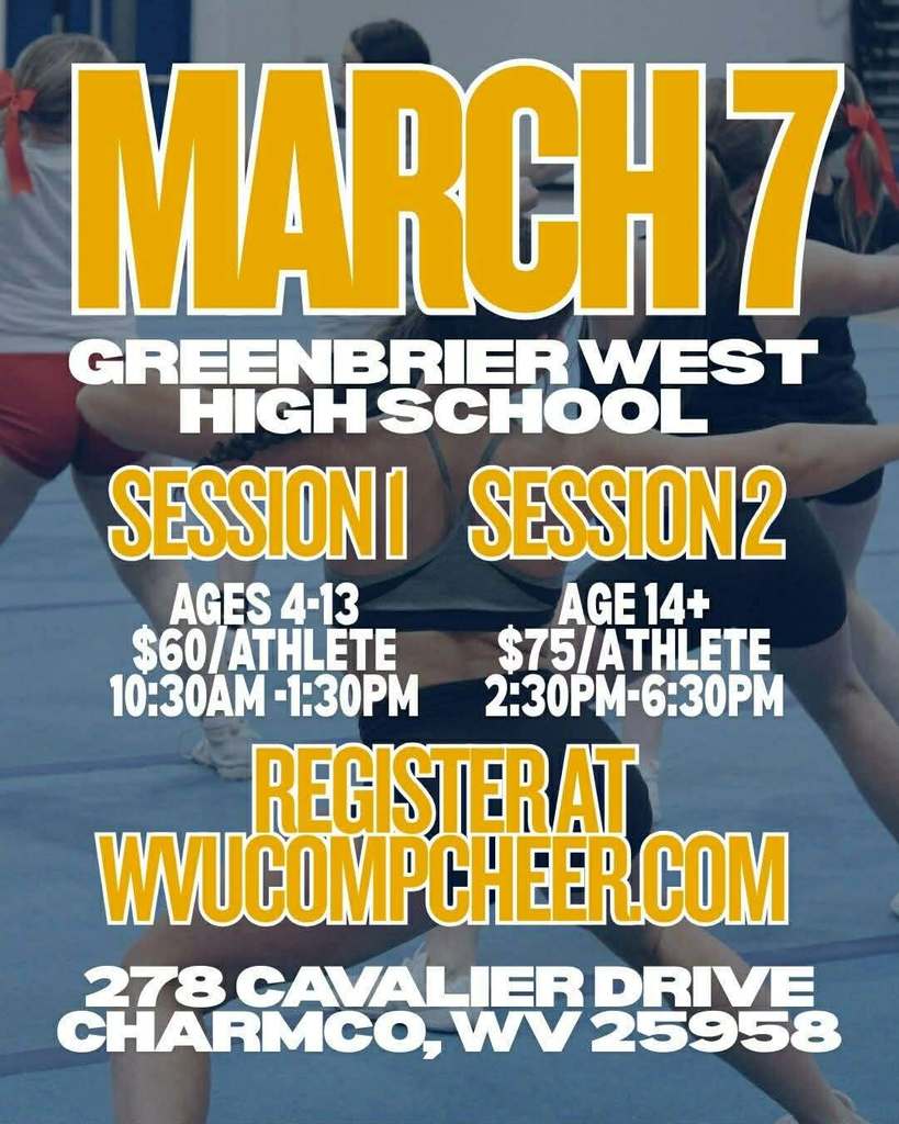 WVUCOMPCHEER.com flyer for sessions at Greenbrier West High School