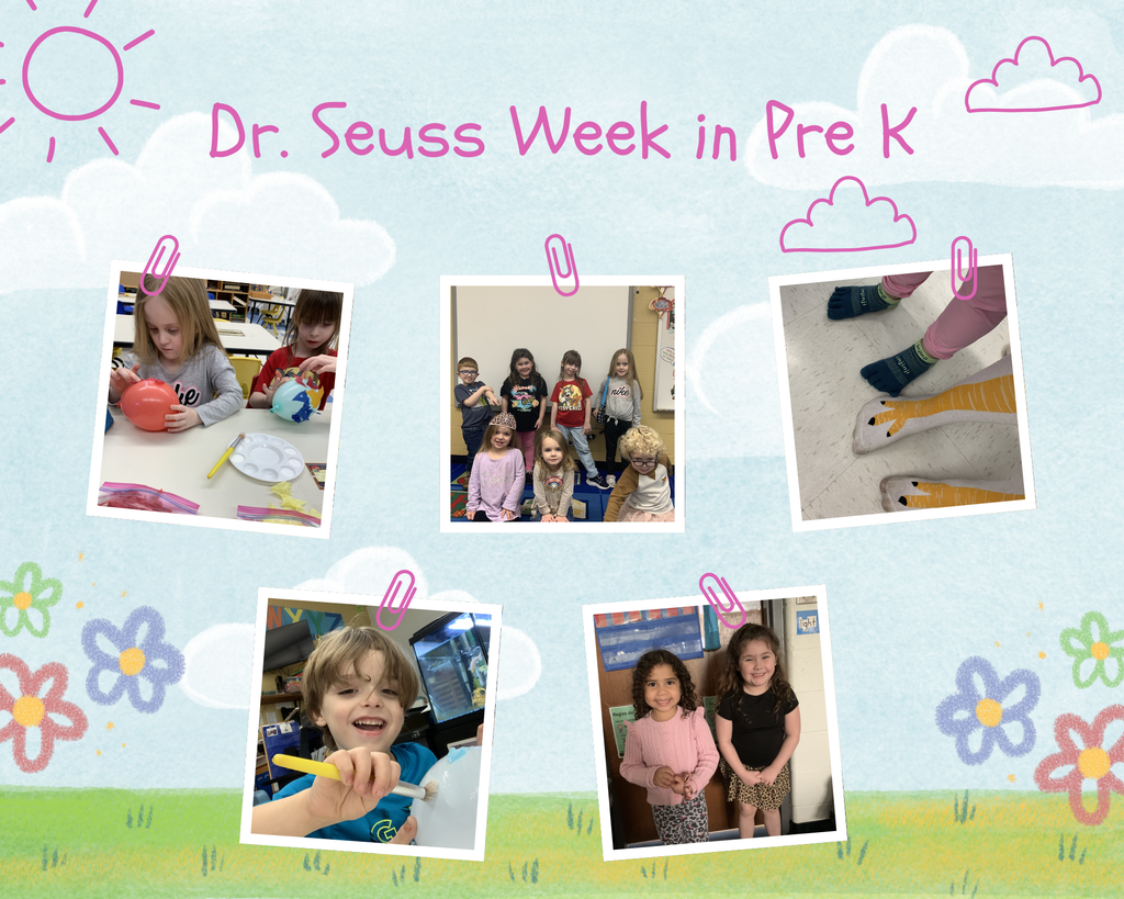 Pictures showing pre k students having fun during Read Across America week for Dr. Seuss' birthday