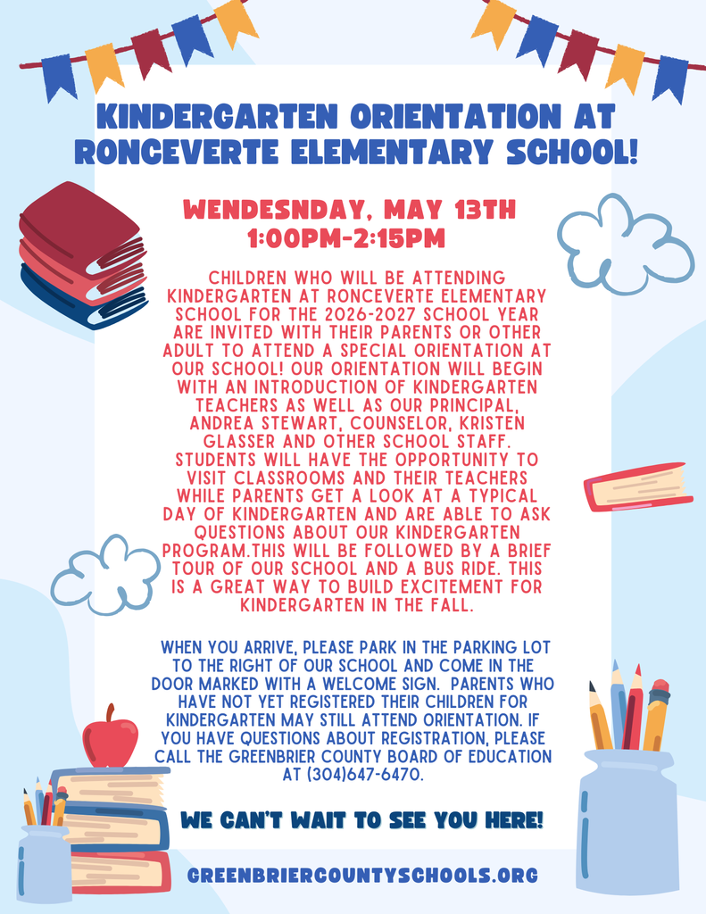 Kindergarten Orientation, Wednesday, May 13th from 1:00-2:15
