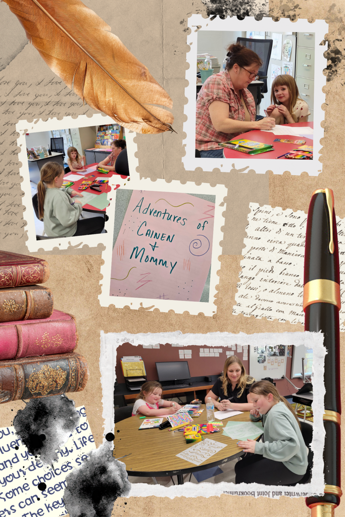Vintage writing implements surrounding photos of students engaged in writing stories with their families