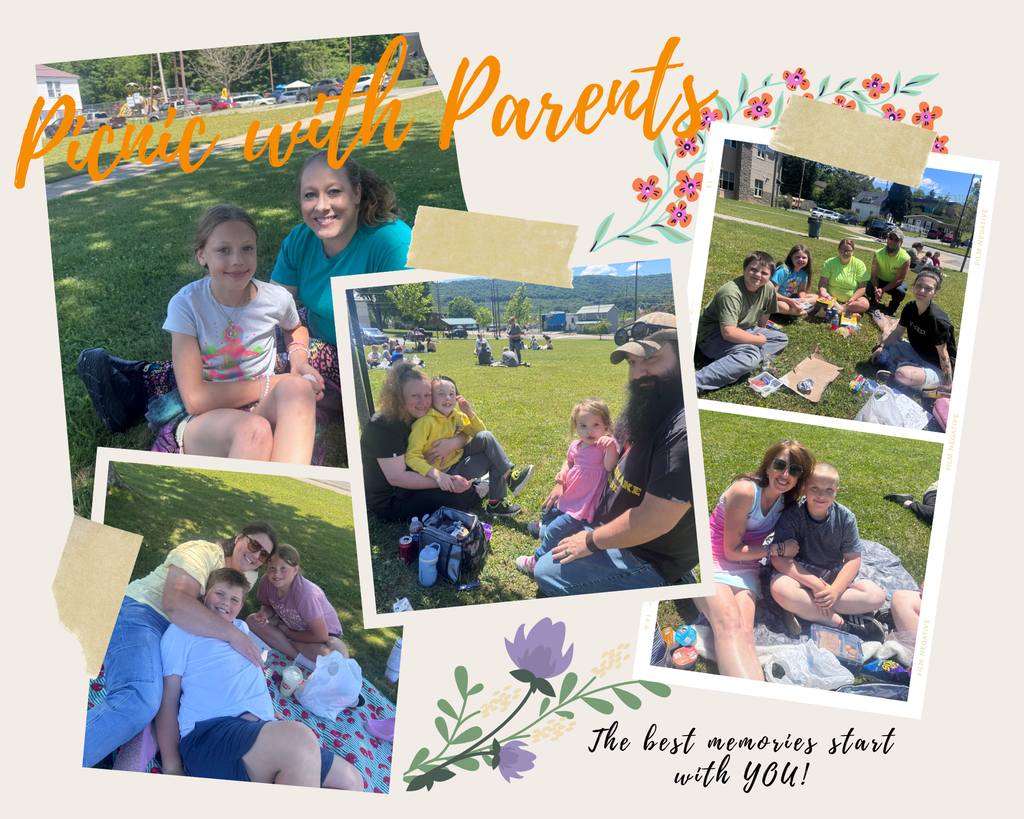 Photo collage of parents and students enjoying lunch on the front lawn