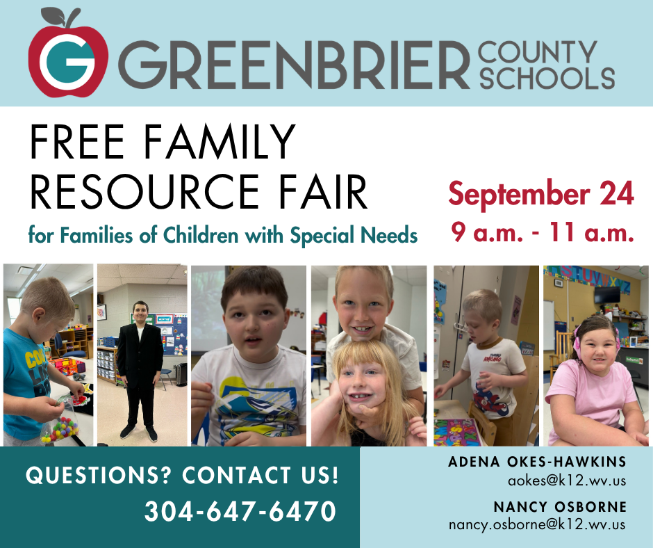 Free Family Resource Fair Sept. 24 9 a.m. - 11 a.m. Questions? Contact 304-647-6470. Image features photos of seven children engaged in learning.