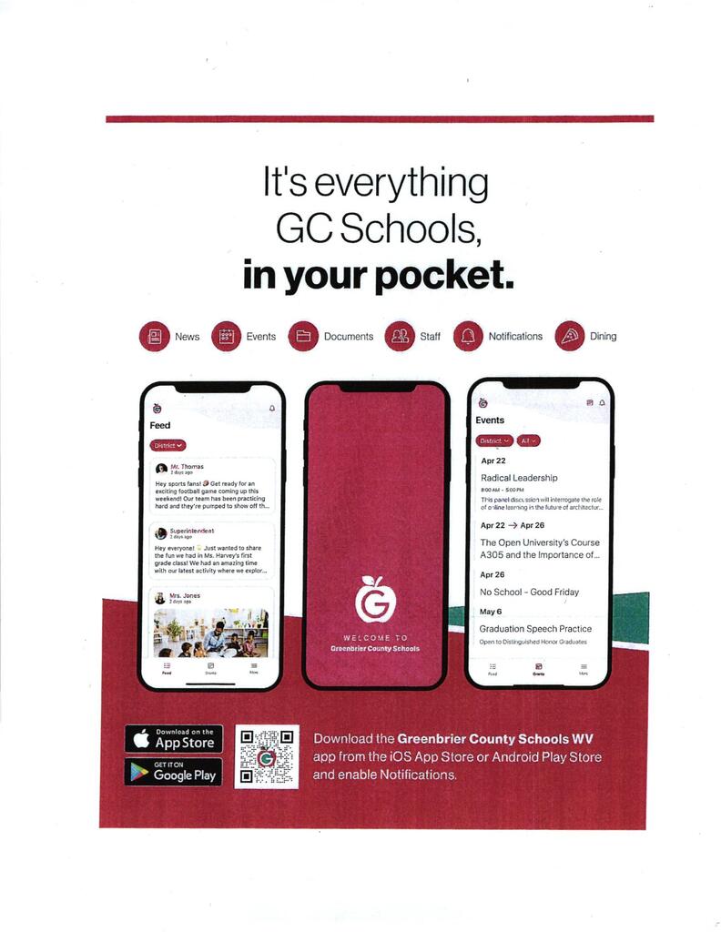 A poster image advertising the Greenbrier County Schools App with a QR code to the App Store so it can be downloaded