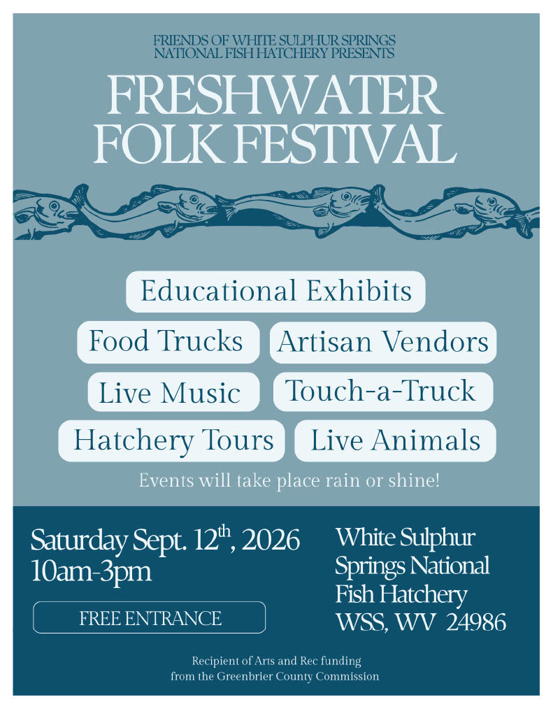 Blue flyer for the Freshwater Folk Festival in White Sulphur Springs WV on September 12th, 2026