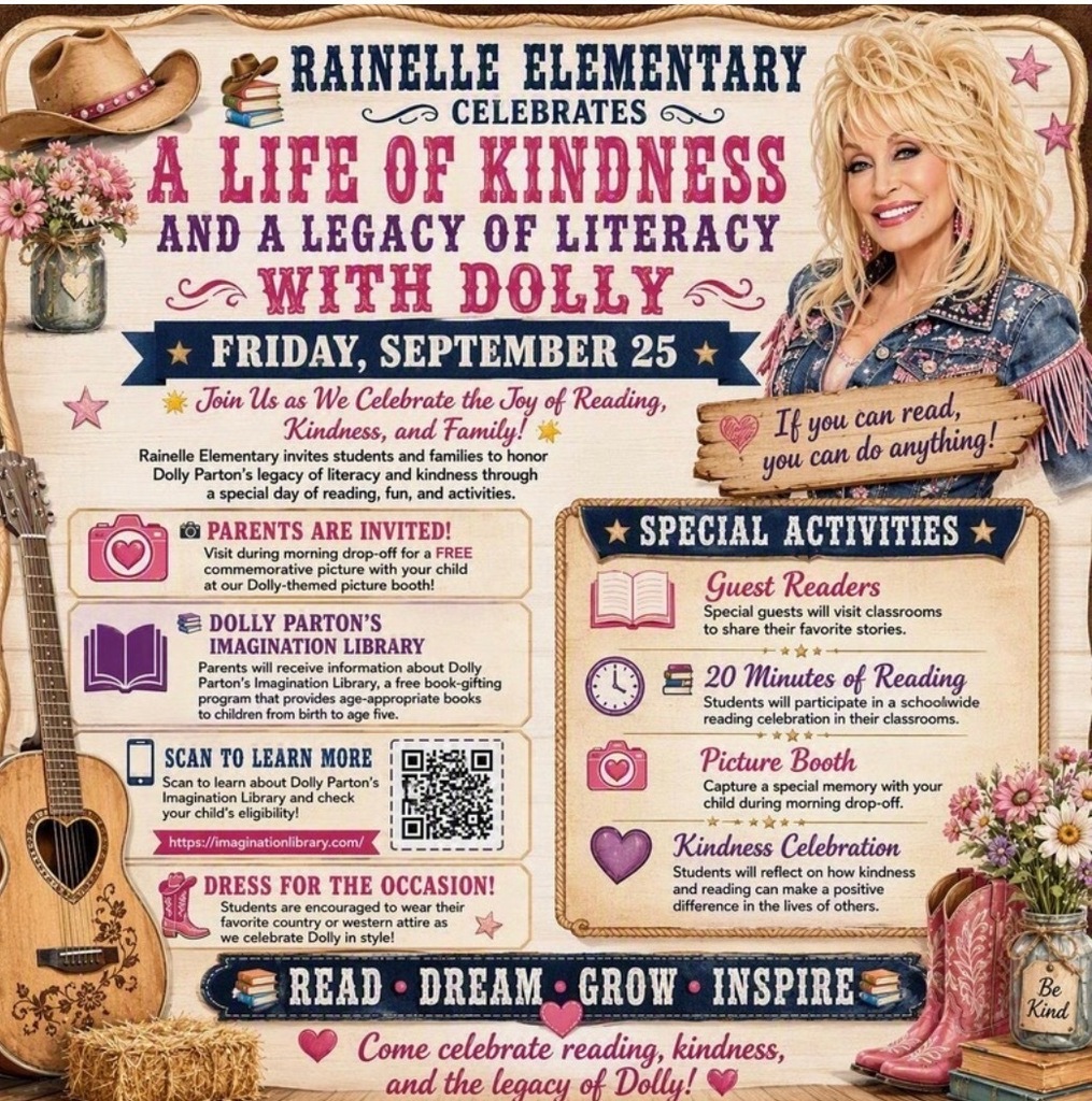 Promotional poster for Rainelle Elementary’s “A Life of Kindness and a Legacy of Literacy with Dolly” celebration on Friday, September 25. The event celebrates reading, kindness, and family while honoring Dolly Parton’s literacy legacy. Activities include guest readers visiting classrooms, 20 minutes of schoolwide reading, a Dolly-themed picture booth during morning drop-off, and a kindness celebration. Parents are invited to visit during morning drop-off for a free commemorative photo with their child. Students are encouraged to wear country or western attire. The poster also provides information about Dolly Parton’s Imagination Library and includes a QR code to learn more and check eligibility.