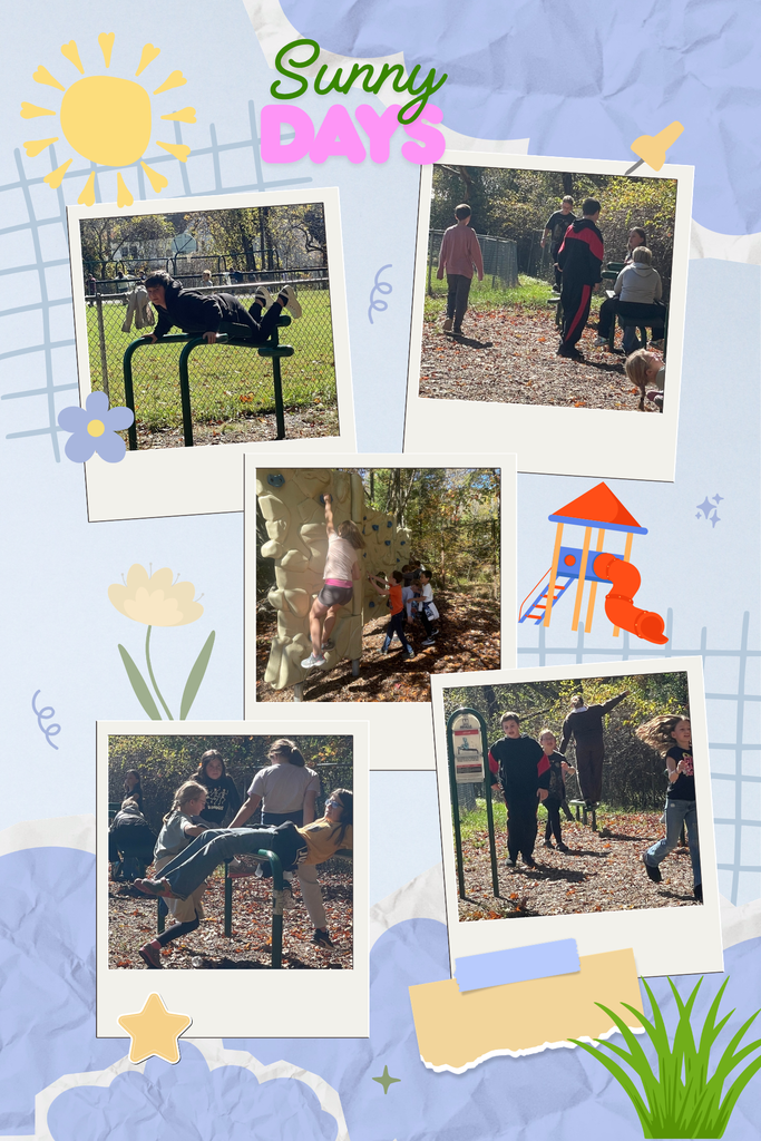 A “Sunny Days” photo collage featuring students enjoying outdoor activities on a sunny autumn day. Five photos show students balancing on playground workout equipment, gathering outdoors, climbing a rock wall, and playing together among fallen leaves. The collage has a light blue background with decorative sunshine, flowers, a playground slide illustration, and scrapbook-style photo frames.