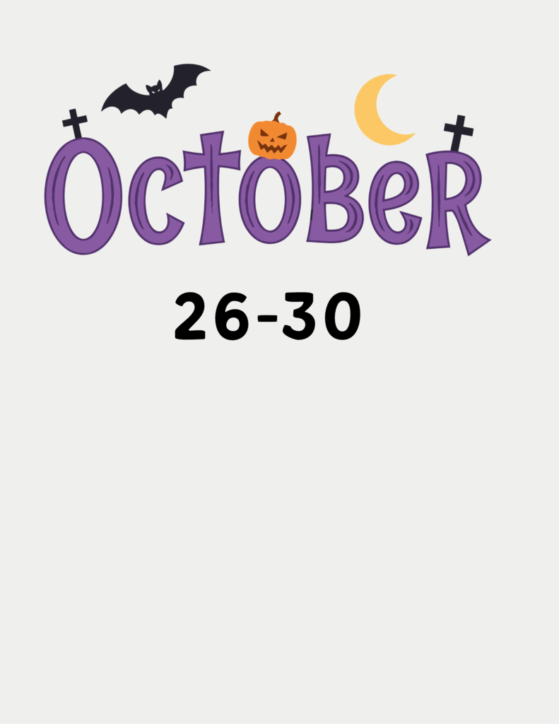 Word October pumpkin, moon, bat, date 23-30