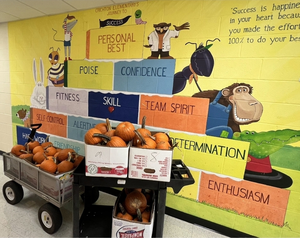 pumpkins in boxes boxes are sitting on top of a rolling cart. the background is a wall with painted blocks and animals with the words poise confidence enthusiasm fitness steam spirit self control skill poise friendship