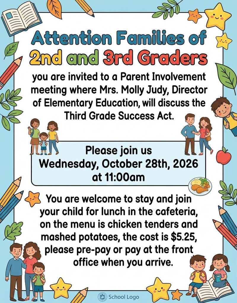 Crichton Elementary, 2nd and 3rd grade families are invited to a Parent Involvement meeting where Mrs. Molly Judy, Director of Elementary Education, will discuss the Third Grade Success Act. At the conclusion of the event, families are welcome to stay and have lunch in the cafeteria with their child. The cost for lunch is $5.25 and the menu is Chicken Tenders and Mashed Potatoes if you choose to eat. Please pay at the front office before lunch if you would like to eat.