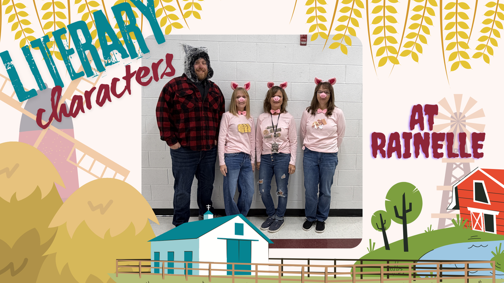 A farm-themed graphic featuring a photograph of four people dressed as characters from “The Three Little Pigs.” One adult wears a gray wolf hood and a red-and-black plaid shirt, while three people wear pink pig ears, pig noses, pink shirts, and jeans. Large decorative text reads “Literary Characters” in teal and burgundy on the left and “At Rainelle” in burgundy on the right. The background features golden wheat, haystacks, windmills, a red barn, green trees, a pond, and a white farmhouse with a teal roof.