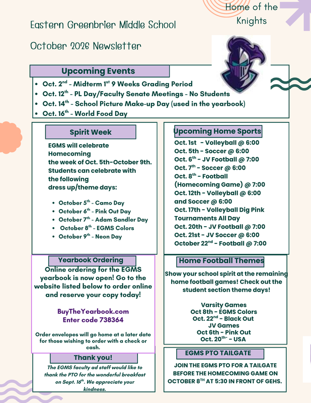 October 2026 Eastern Greenbrier Middle School newsletter. The newsletter includes upcoming school events, October 5–9 Spirit Week themes, home sports schedules, yearbook ordering information, home football themes, an EGMS PTO tailgate announcement, and a thank-you message to the PTO.