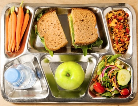 School lunch tray with sandwich, salad and fruit