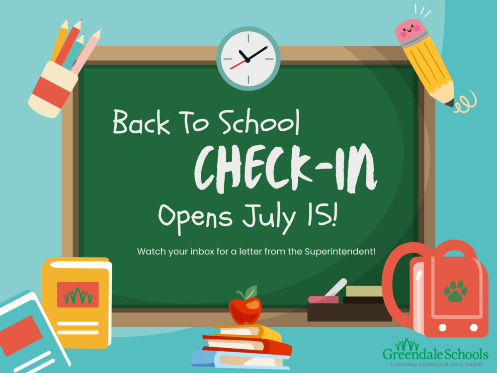 Back to school checkin opens July 15. Chalkboard illustration