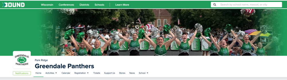 Screenshot of the Bound webpage for Greendale Panthers Park Ridge conference. Shows logo and a photo of poms team in front of Village hall.
