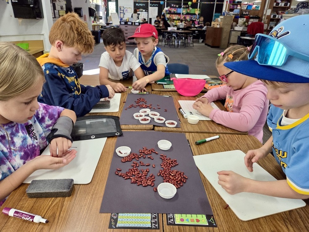 Students doing math practice with manipulatives