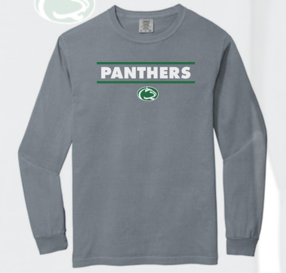 Gray long sleeved shirt that reads Panthers with the Greendale logo