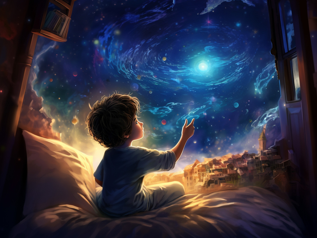 A boy looking at the moon and night sky
