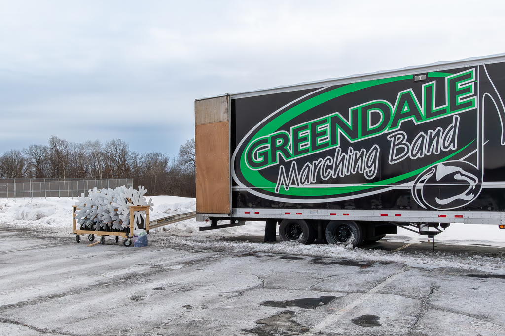 Marching Band Semi being loaded with snowflakes