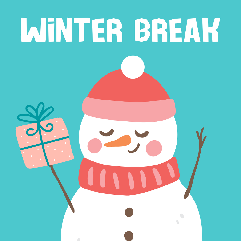 Winter Break written on a square with a snow man holding a package.