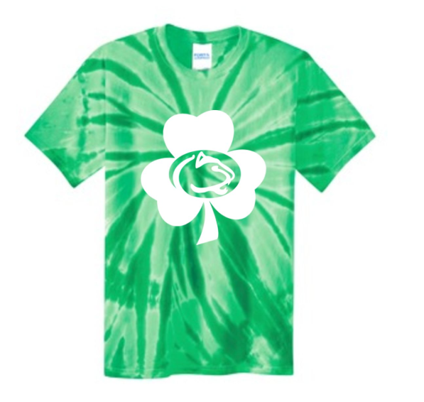 Tie-dye green shirt with white shamrock and Greendale Pantherhead logo inside the shamrock.
