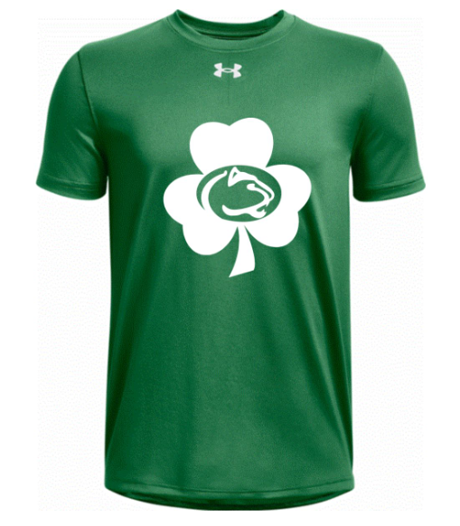 Green shirt with white shamrock and Greendale Pantherhead logo inside the shamrock.