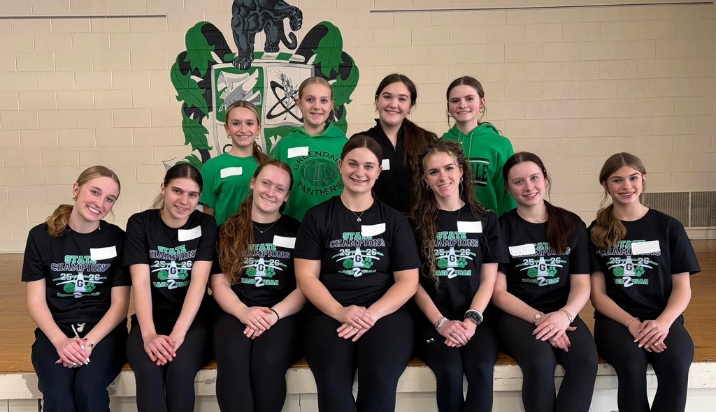 A group of ten young women posing on a stage, wearing black and green apparel with "State Champions" and "Greendale Panthers" logos.